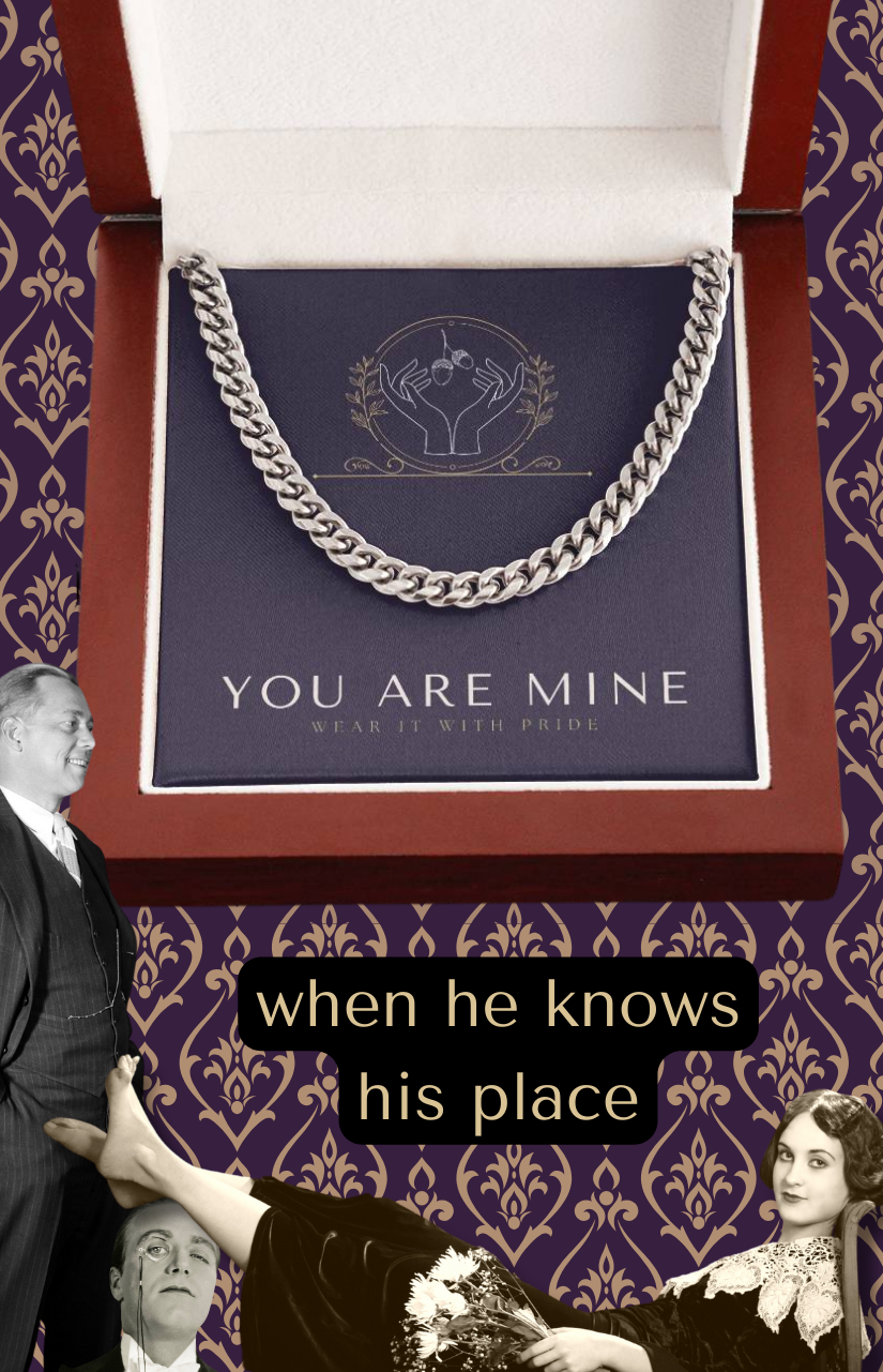 whan he knows his place An image of a silver chain day collar with the words